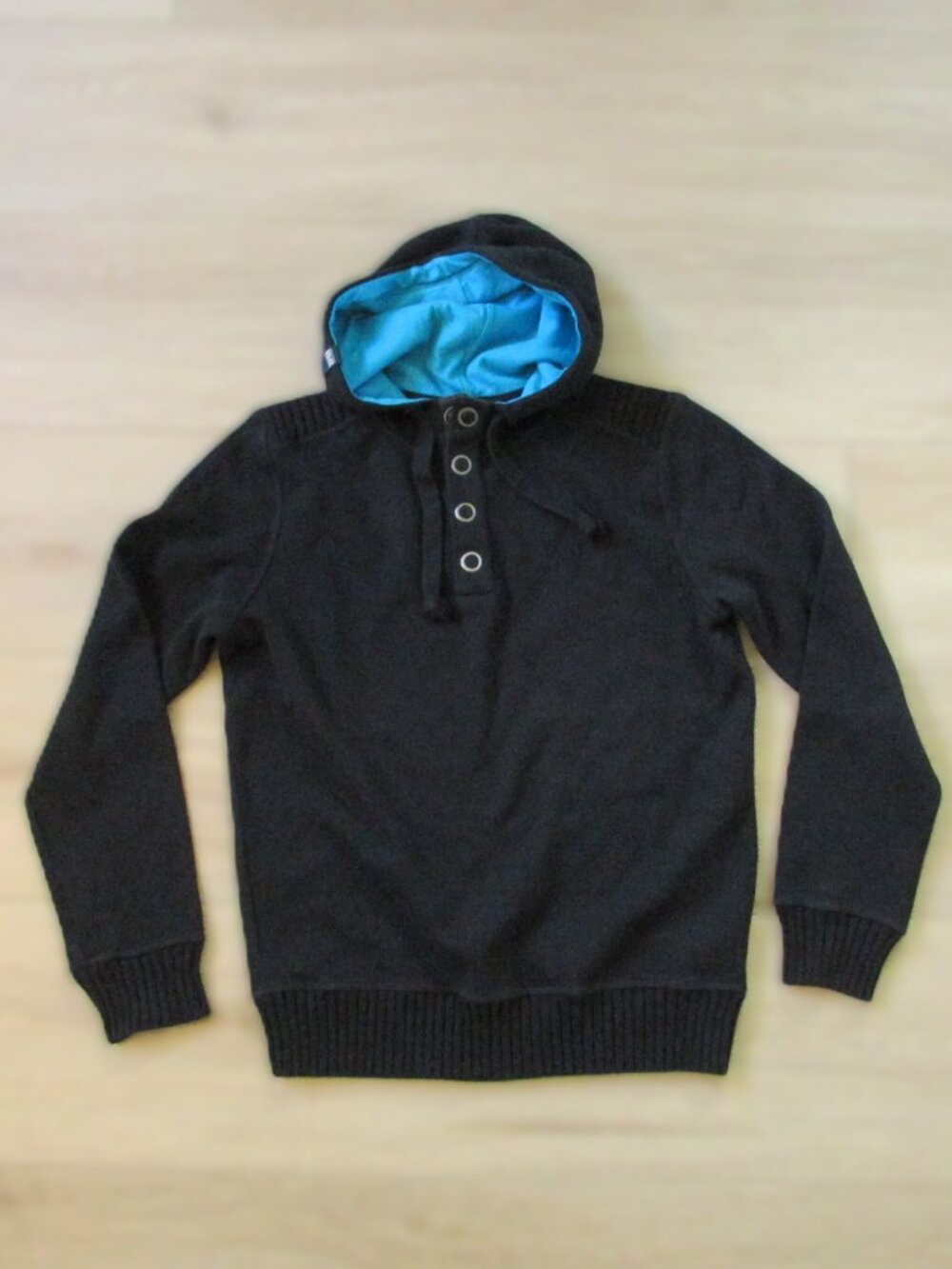 Jack & Jones Black Hoodie Blue Hood Lined Snap Neck Pullover Sweater Men's M